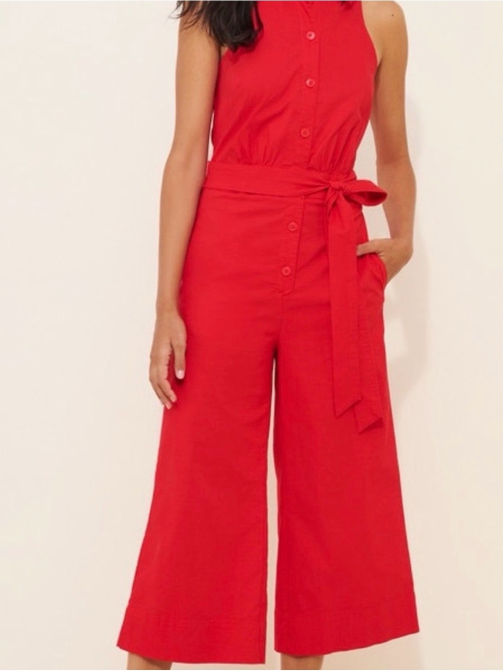 Maeve Bright Red Sleeveless Wide-Leg Jumpsuit with Waist Tie